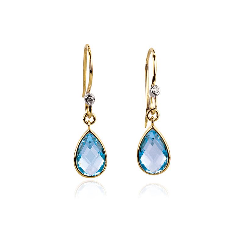 Swiss Blue Topaz Teardrop  Diamond Dangle Earrings In 14k Yellow Gold
